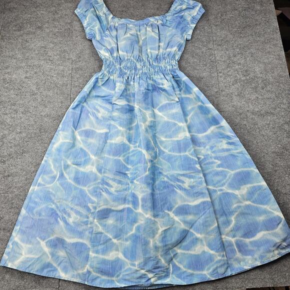 Ann Mashburn Dress Womens Medium Blue Water Smocked Waist A Line Midi Preppy - Picture 7 of 7